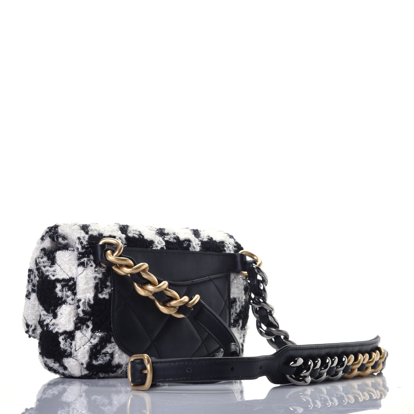 Tweed Quilted Chanel 19 Waist Bag Black Ecru White