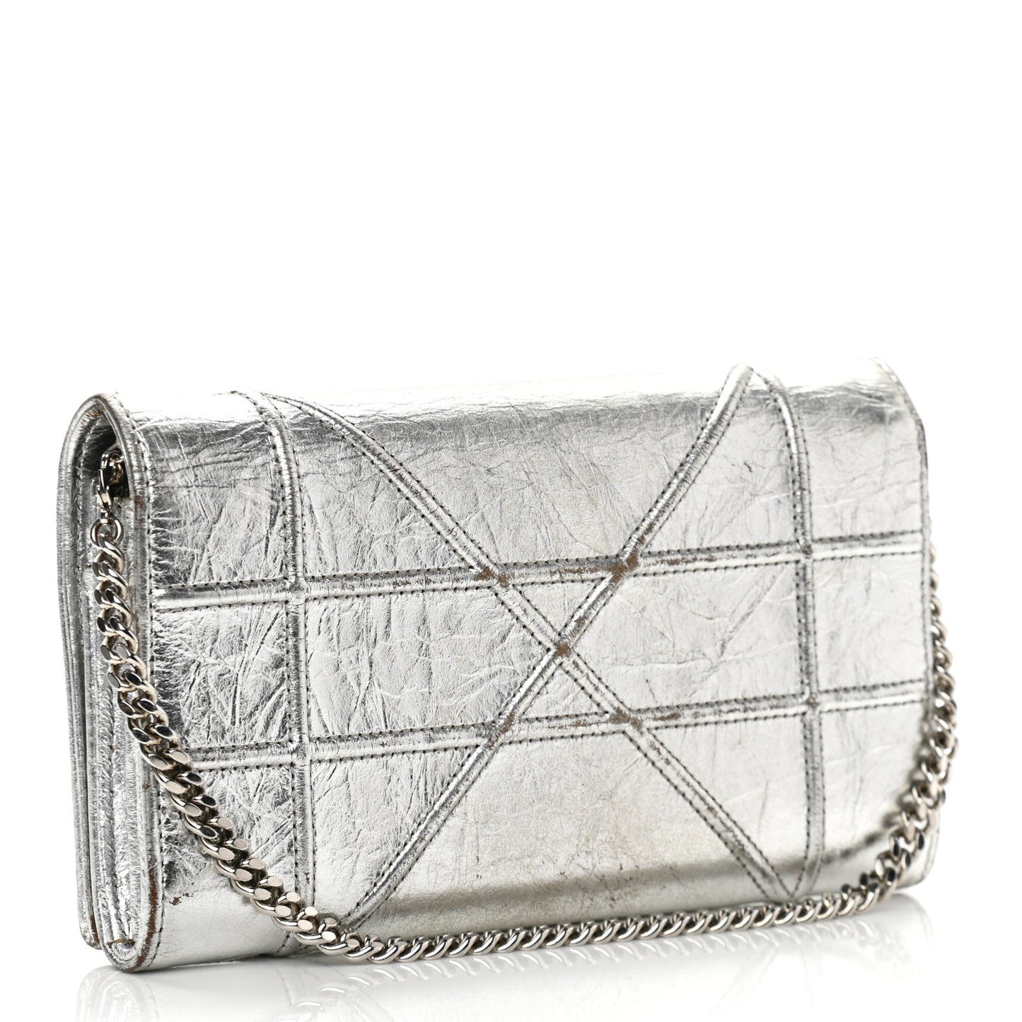 Metallic Crinkled Lambskin Diorama Croisiere Chain Wallet Silver