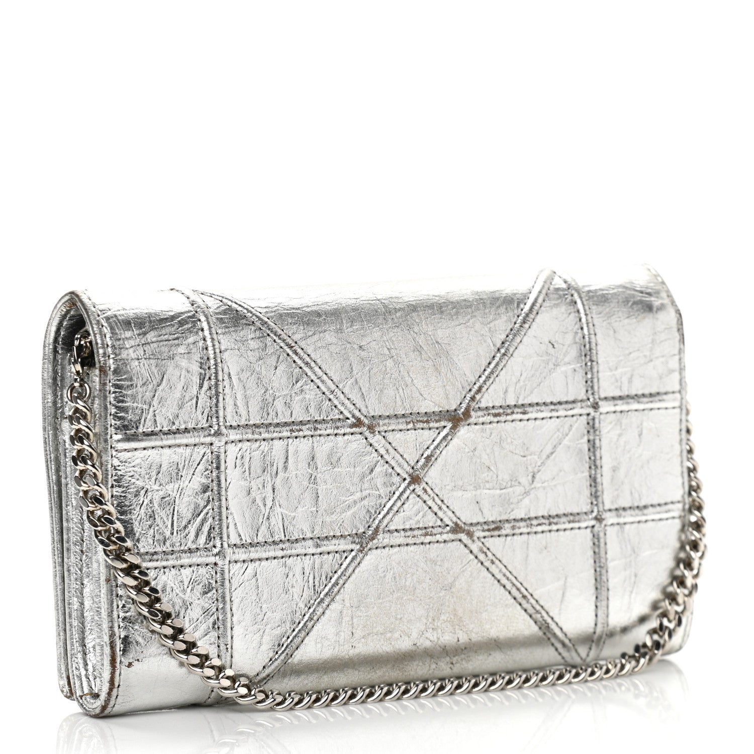 Christian Dior Metallic Crinkled Lambskin Diorama Croisiere Chain Wallet Silver 3 of 13