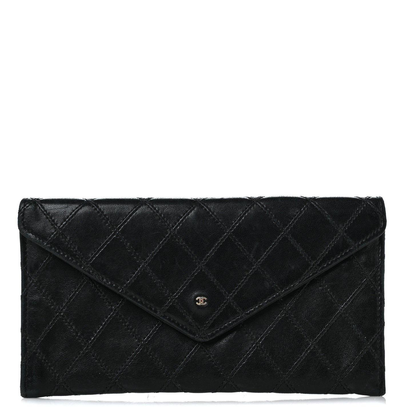 Lambskin Diamond Stitched Envelope Long Flap Wallet Black