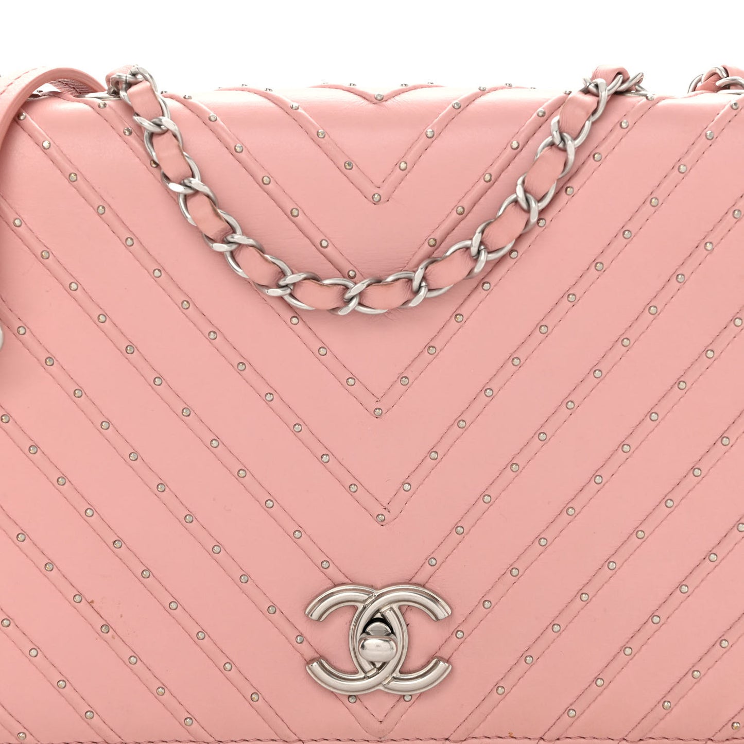 Calfskin Studded Chevron Quilted Flap Pink