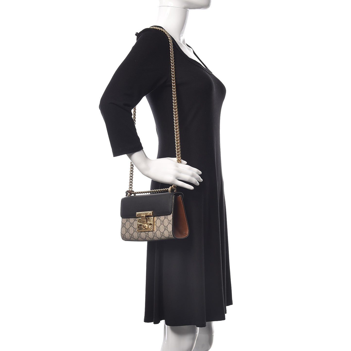 GG Supreme Monogram Calfskin Small Padlock Shoulder Bag Beige Black Cuir