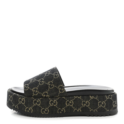Gucci Jacquard Black Denim GG Monogram Angelina Platform 55mm Slide Sandals 38.5 Black Ivory 1 of 9