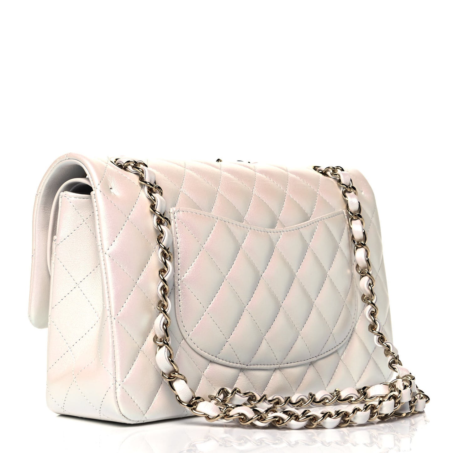 Iridescent Calfskin Quilted Medium Double Flap White