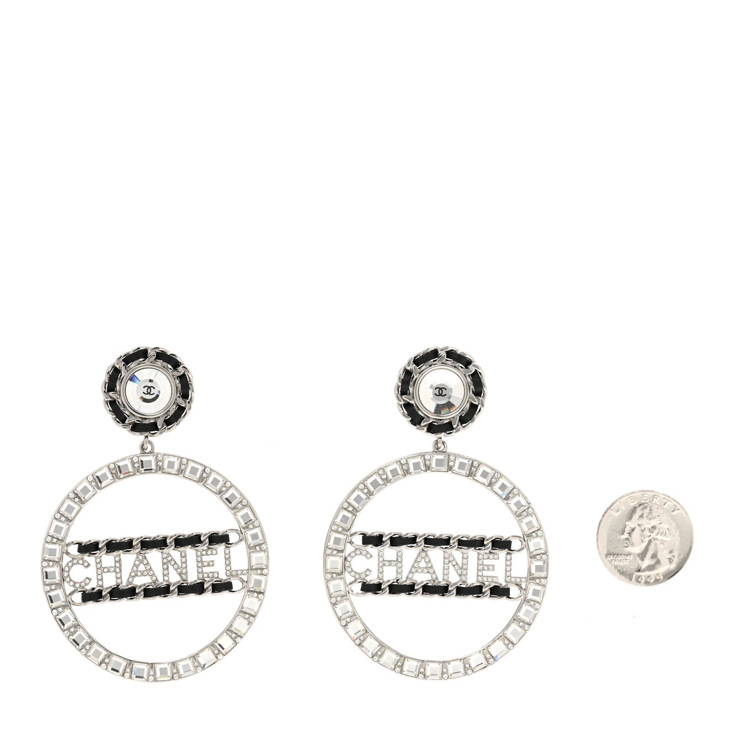 Crystal Lambskin Chain CC Hoop Clip On Earrings Black Silver