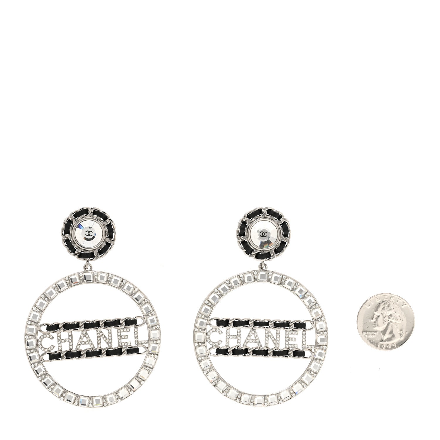 Chanel Crystal Lambskin Chain CC Hoop Clip On Earrings Black Silver 2 of 5
