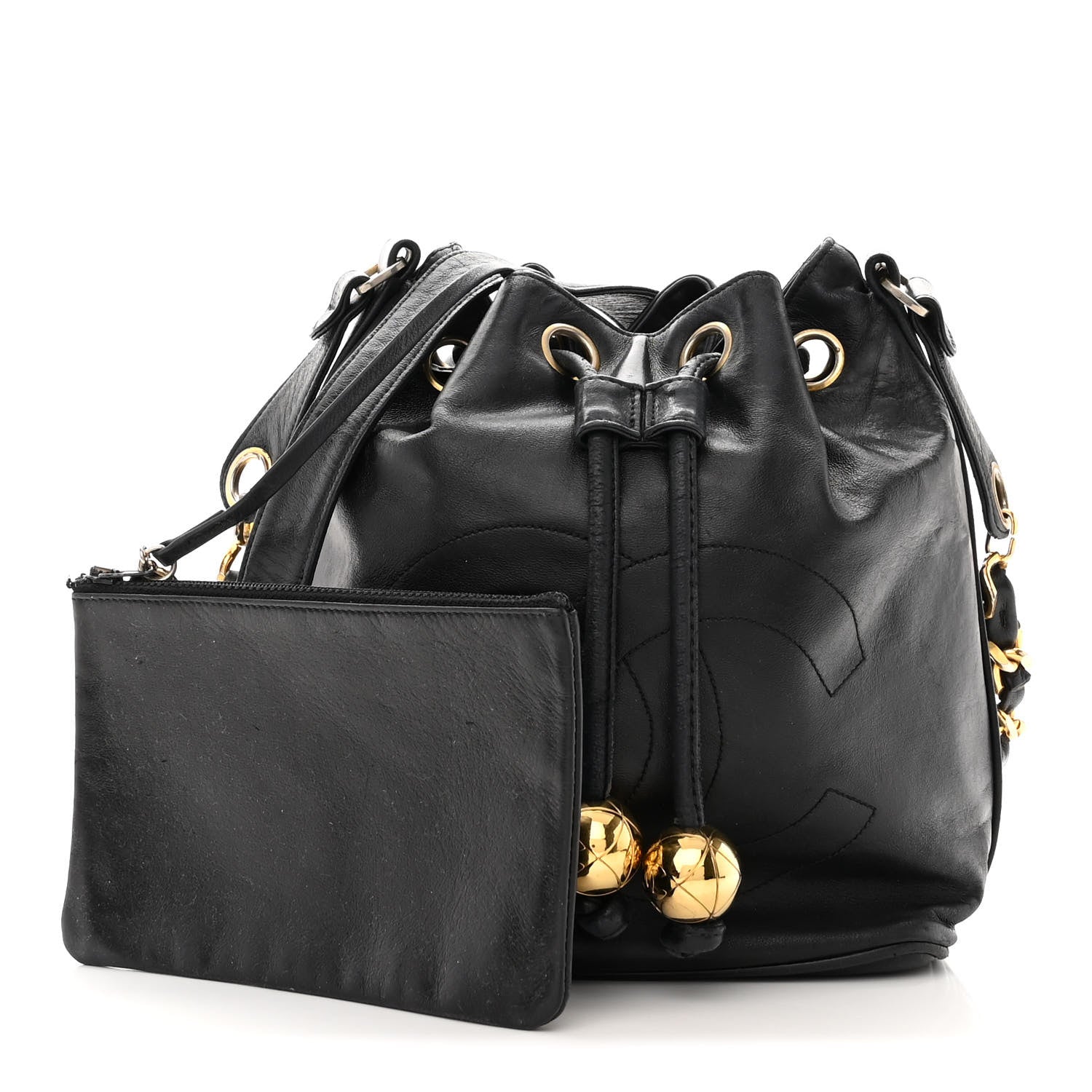 Chanel Lambskin CC Stitched Drawstring Bucket Bag Black 1 of 12