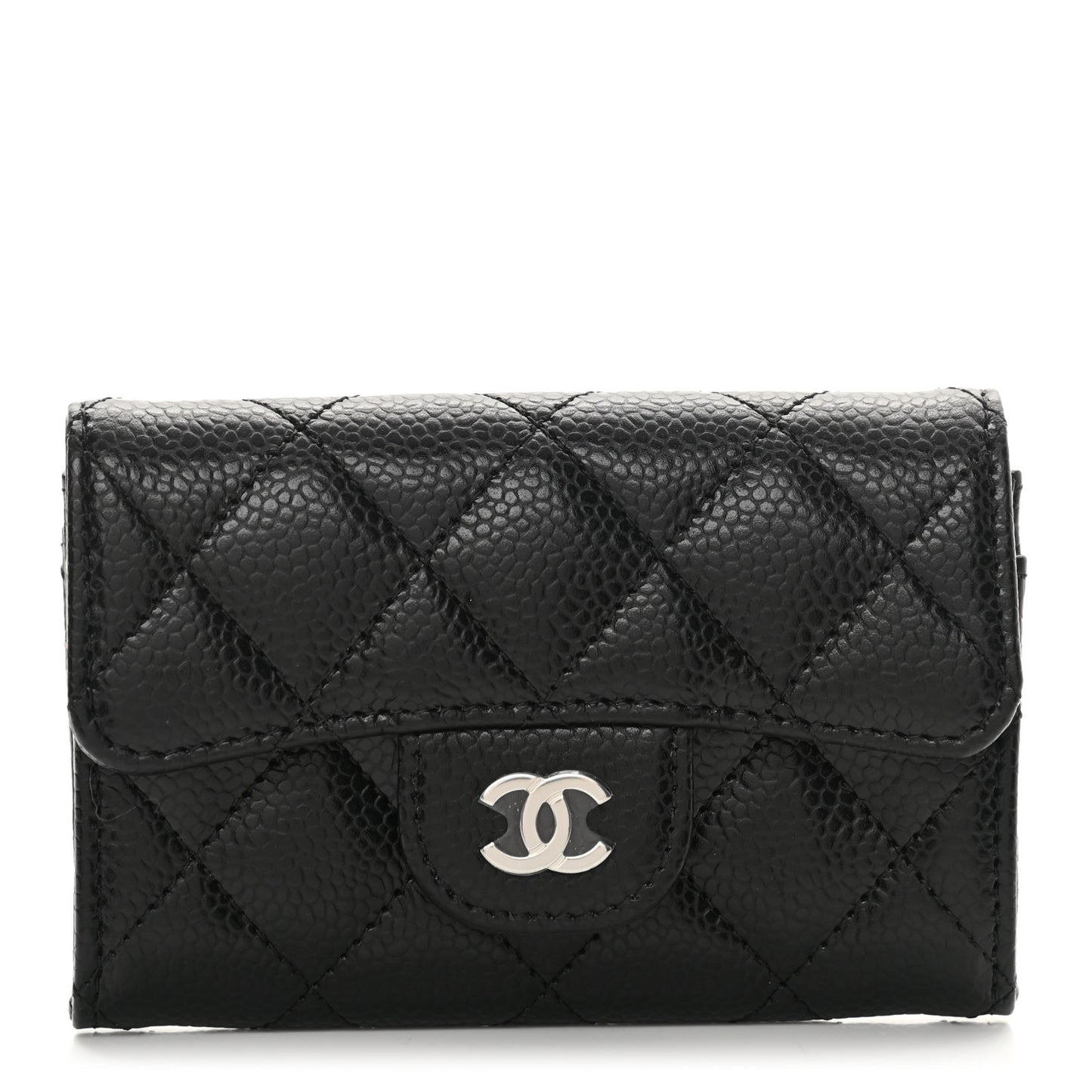 Caviar Quilted Flap Card Holder Wallet Black