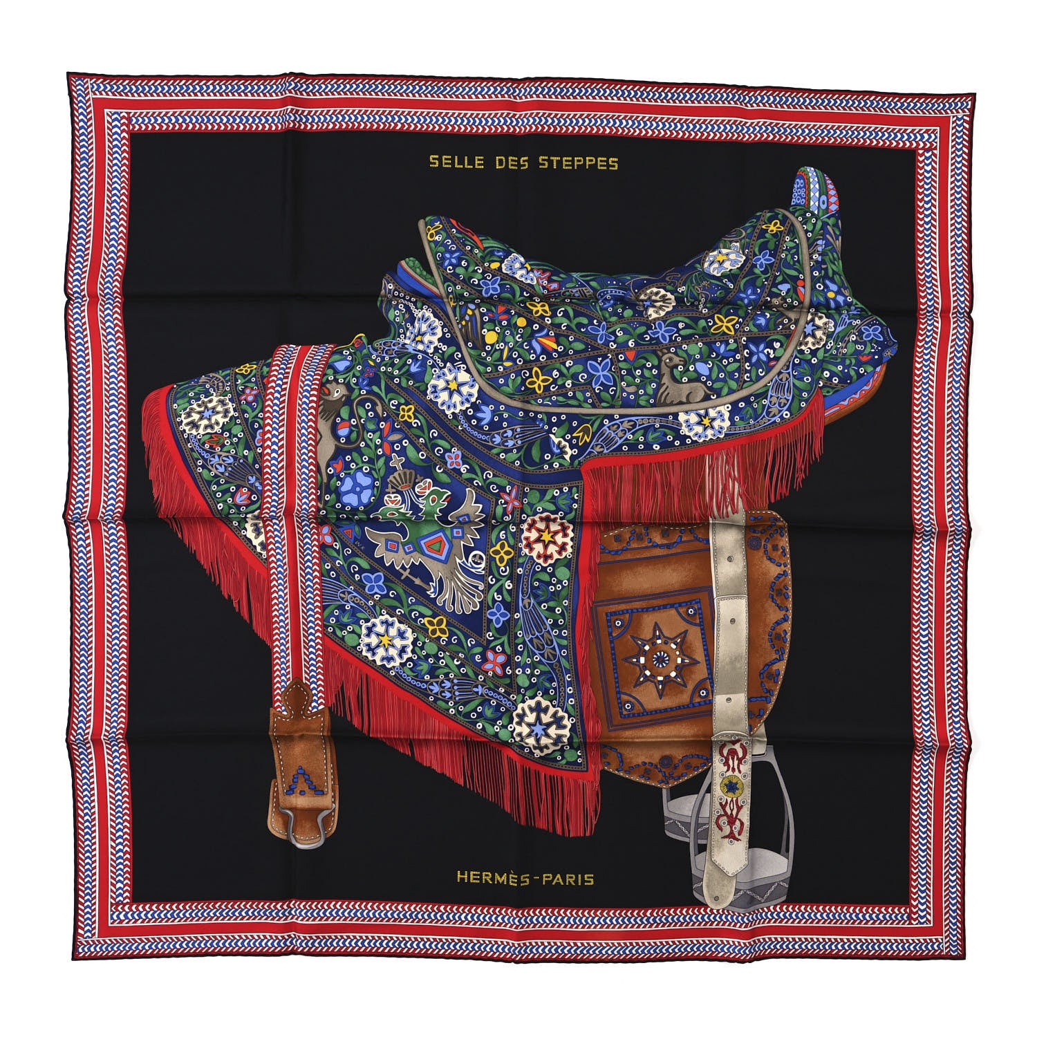 Hermes Silk Selle Des Steppes Scarf 90 Black Rouge Multicolor 1 of 3