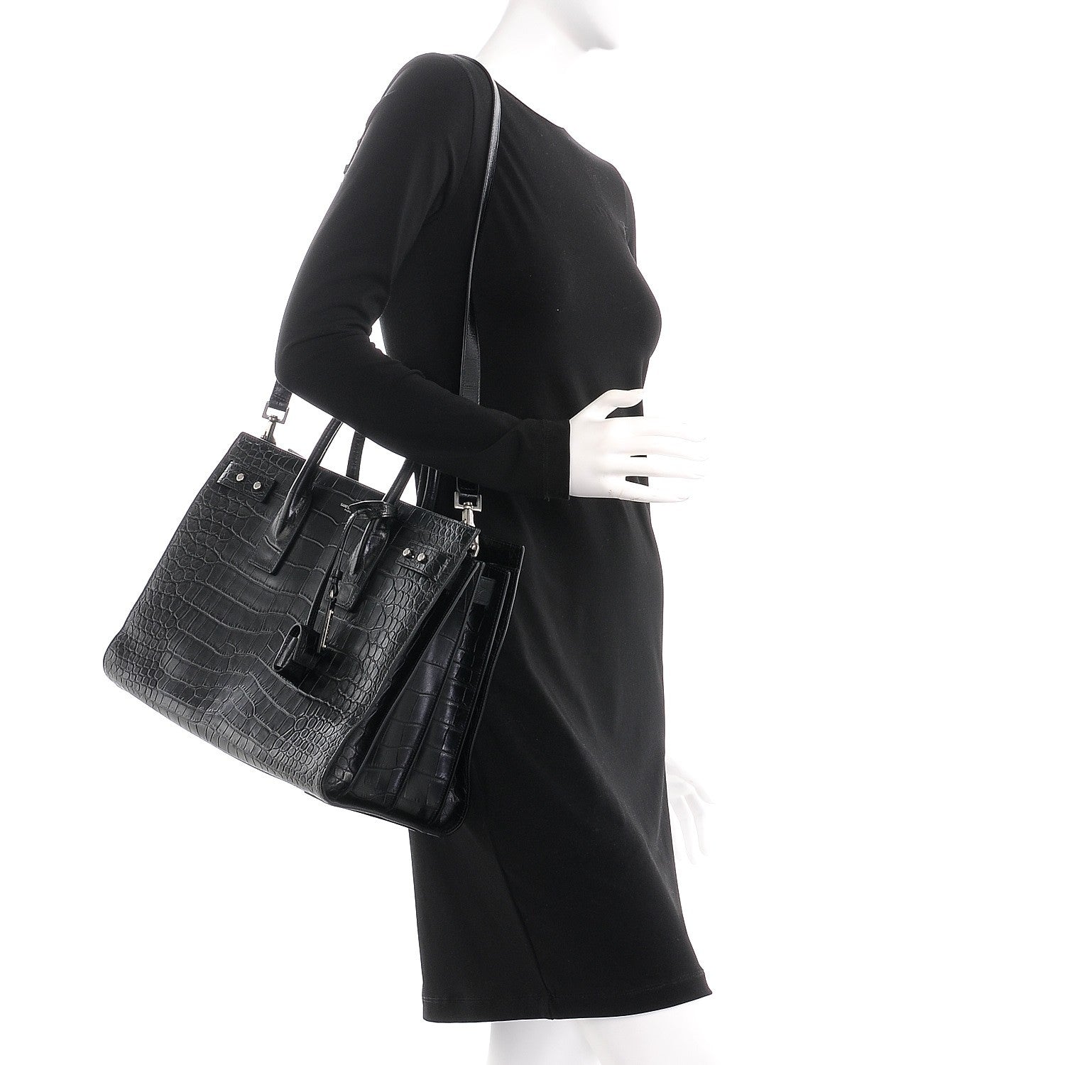 Saint Laurent Calfskin Crocodile Embossed Medium Supple Sac de Jour Black 2 of 8