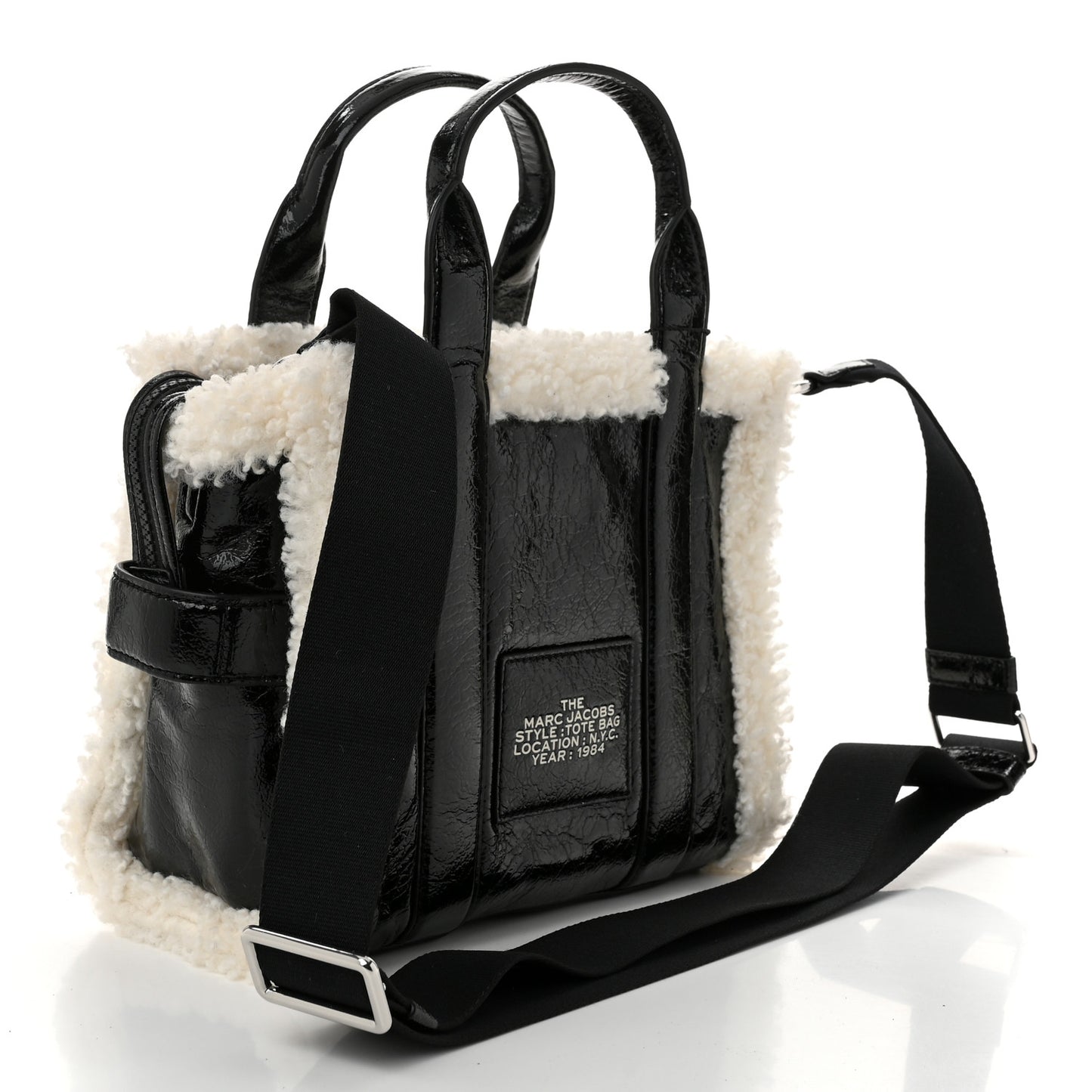 Shiny Calfskin Faux Shearling Mini The Traveler Tote Bag Black
