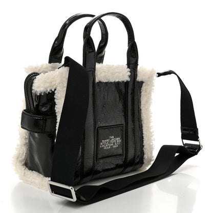 Marc Jacobs Shiny Calfskin Faux Shearling Mini The Traveler Tote Bag Black 3 of 10