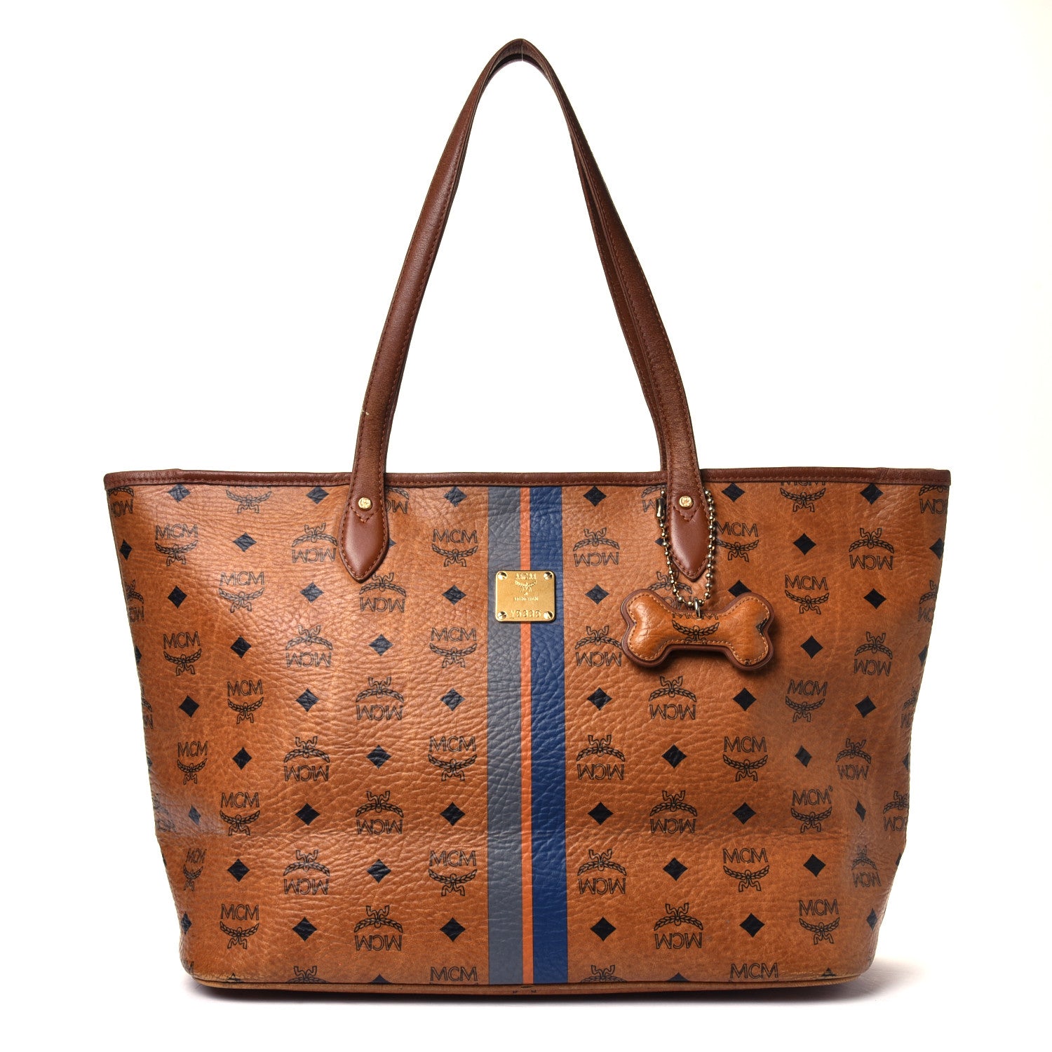 MCM Visetos Dog Bone Striped Shopper Tote Cognac 1 of 6
