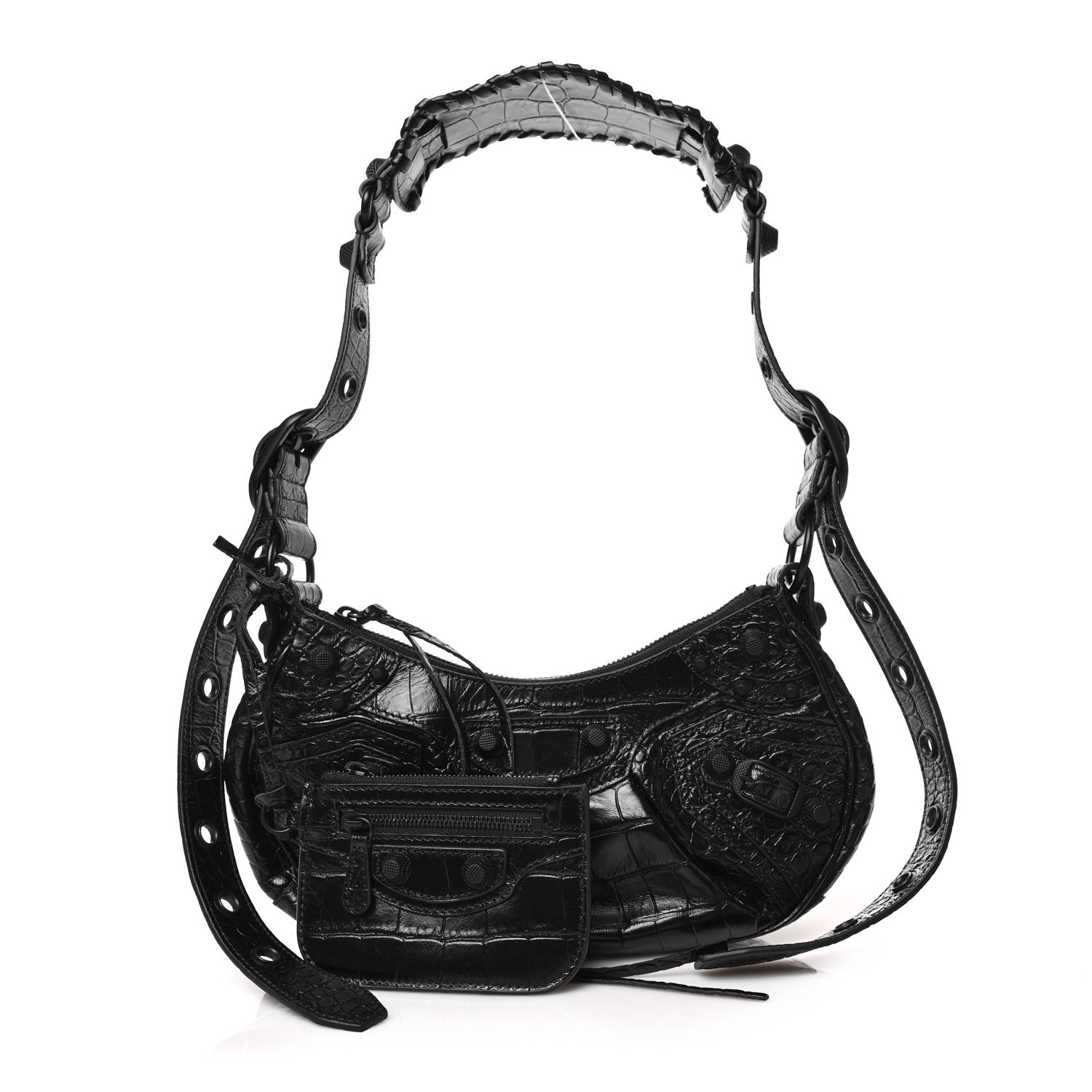 Balenciaga Extra Supple Calfskin Crocodile Embossed Monochrome Le Cagole Shoulder Bag XS Black 1 of 8