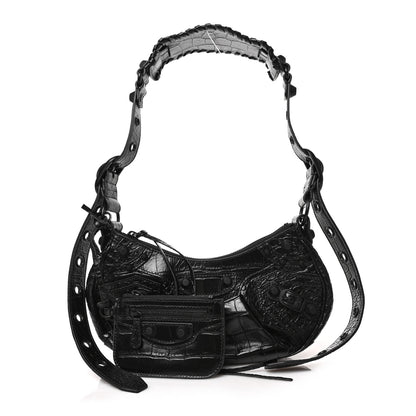 Balenciaga Extra Supple Calfskin Crocodile Embossed Monochrome Le Cagole Shoulder Bag XS Black 1 of 8