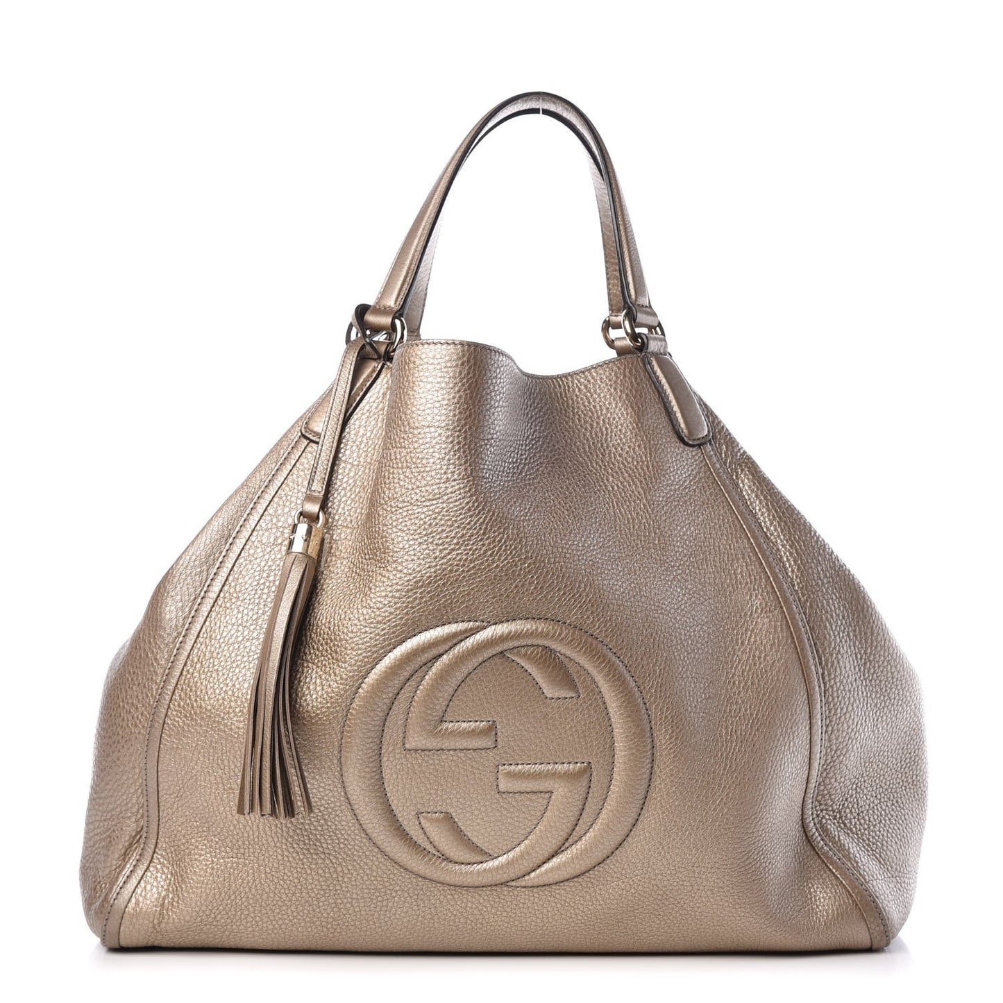 Metallic Pebbled Calfskin Large Soho Shoulder Bag Golden Beige
