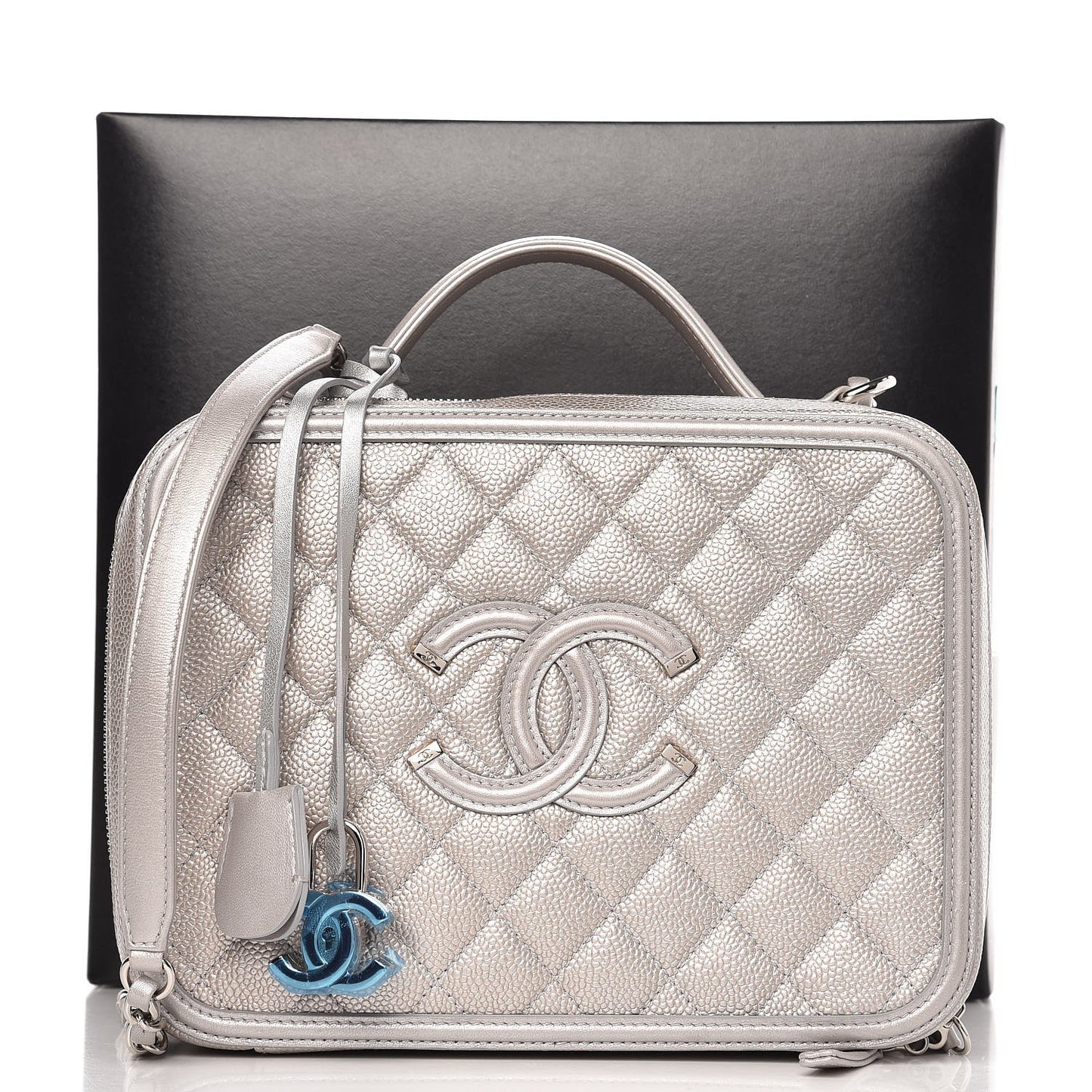 Metallic Caviar Quilted Large CC Filigree Vanity Case Silver