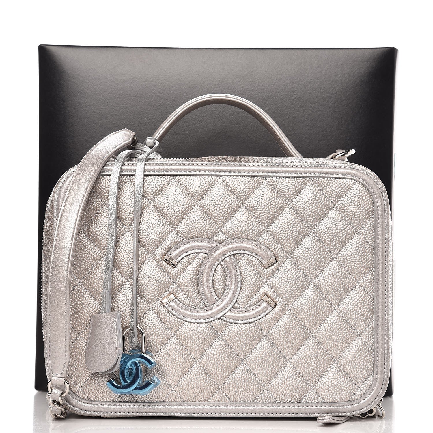 Chanel Metallic Caviar Quilted Large CC Filigree Vanity Case Silver 8 of 8