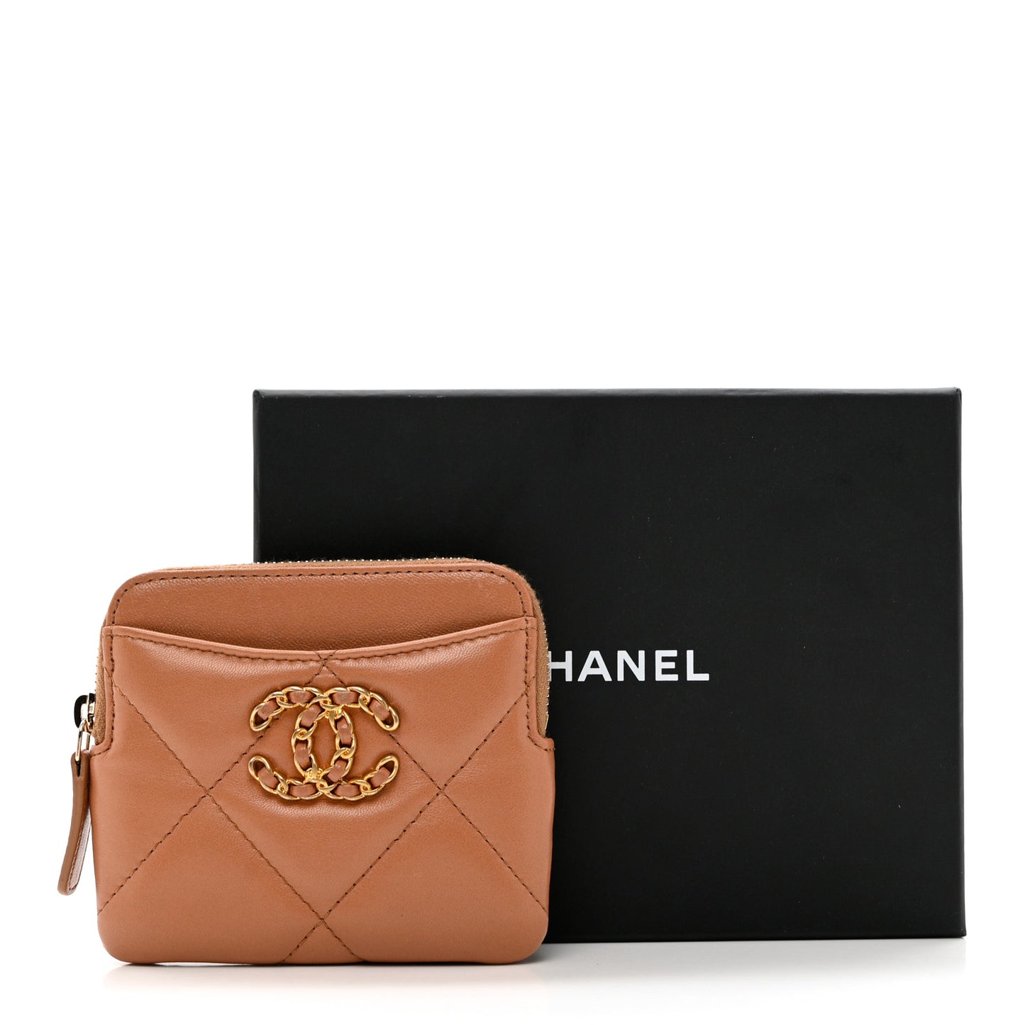 Lambskin Quilted Chanel 19 Zip Card Holder Wallet Brown