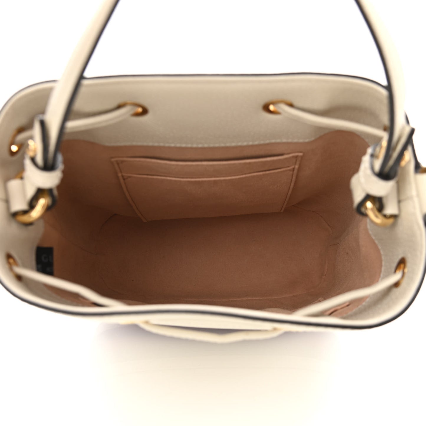 Glazed Textured Calfskin Web Small Ophidia Bucket Bag Mystic White
