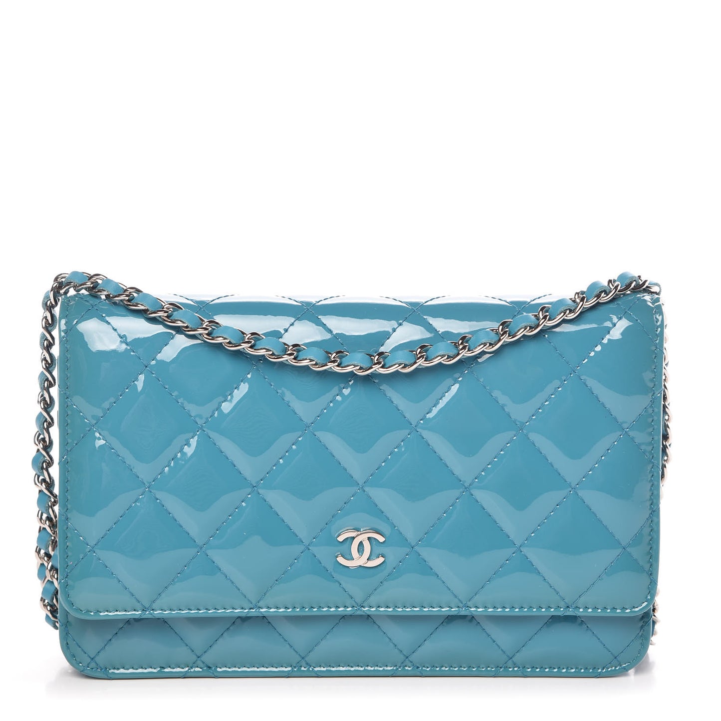 Patent Quilted Wallet On Chain WOC Turquoise Blue