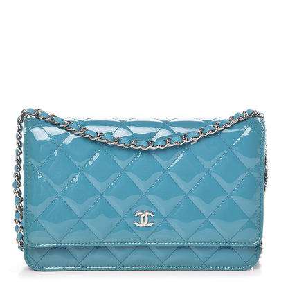Chanel Patent Quilted Wallet On Chain WOC Turquoise Blue 1 of 11