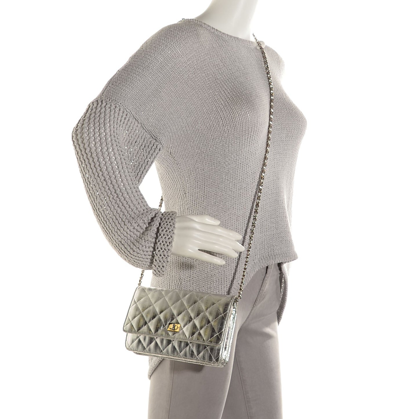 Metallic Aged Calfskin Striped Reissue Wallet On Chain WOC Silver
