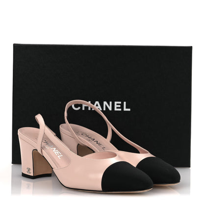 Chanel Calfskin Grosgrain Cap Toe CC Slingback Pumps 39 Light Pink Black 14 of 14