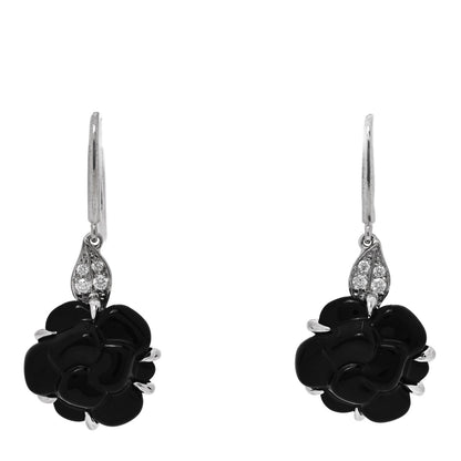 Chanel 18K White Gold Diamond Black Onyx Camelia Sculpte Drop Earrings 1 of 4