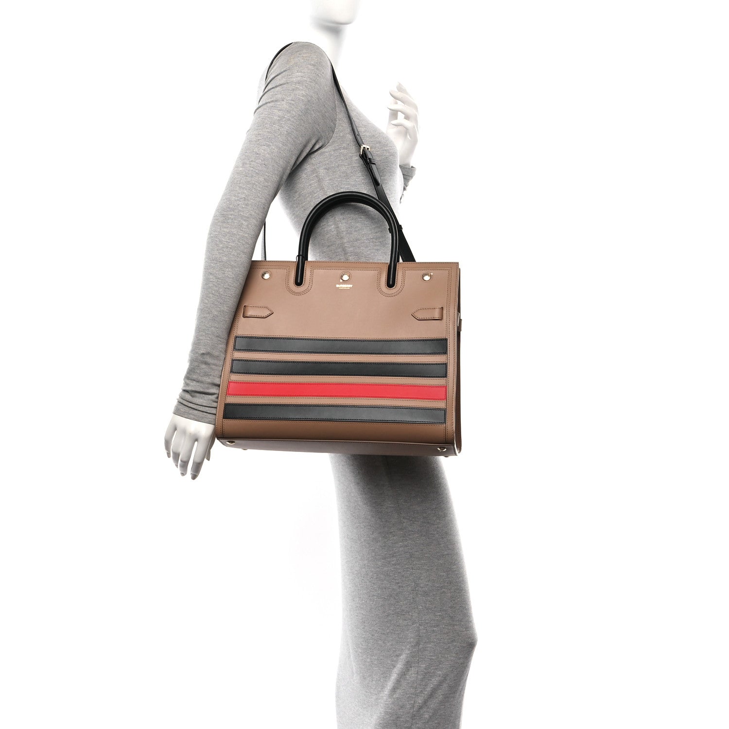 Burberry Smooth Calfskin Stripe Medium Two Handle Title Bag Camel Black Red 2 of 10