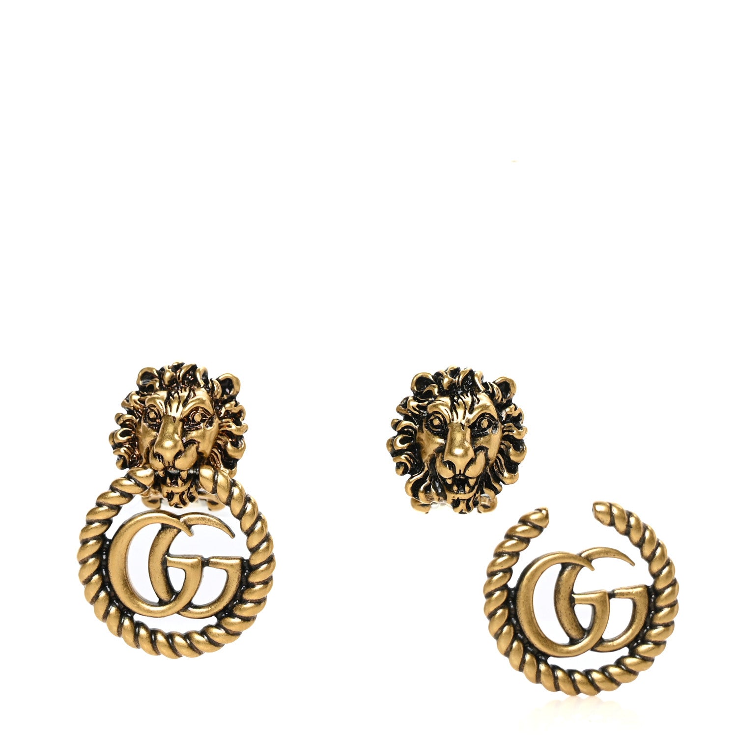 Gucci Metal Double G Lion Head Clip On Earrings Aged Gold 1 of 4