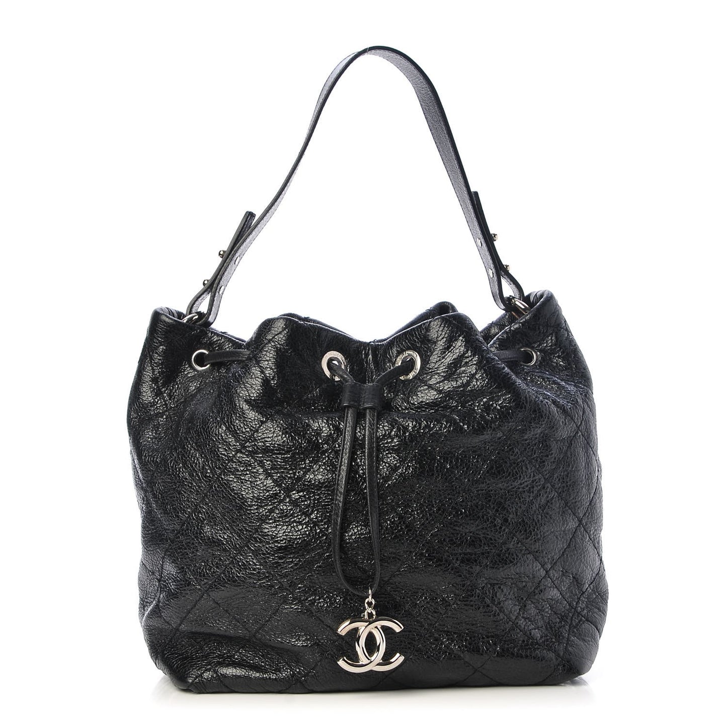 Glazed Calfskin On The Road Drawstring Tote Black