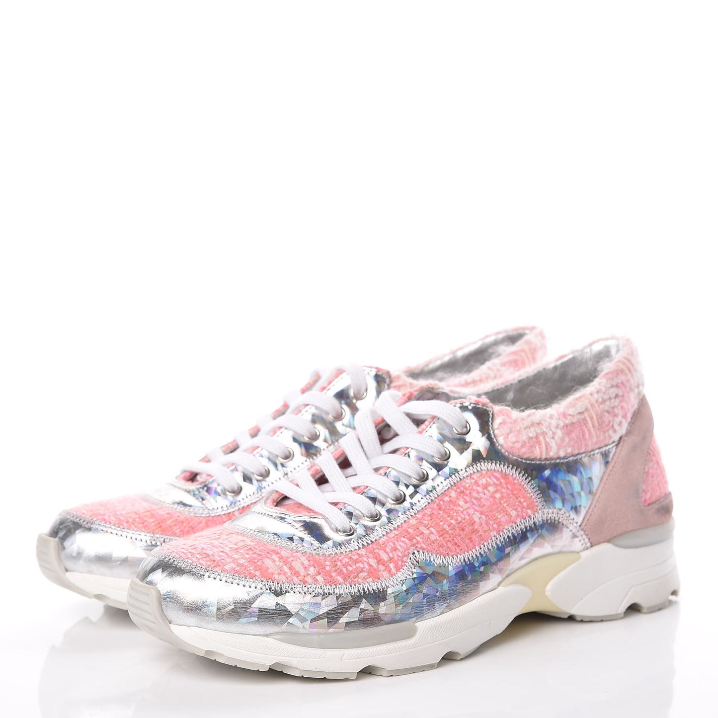 Tweed Suede Calfskin Sneakers 36 Silver Pink