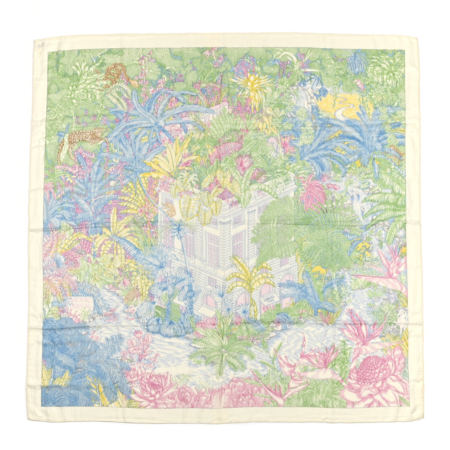 Hermes Cashmere Silk Faubourg Tropical Shawl 140 White Vert Bleu 1 of 6