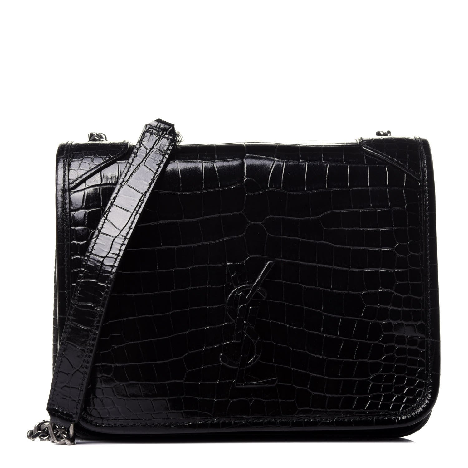 Saint Laurent Crocodile Embossed Lambskin Matelasse Monogram Niki Chain Wallet Black 1 of 12