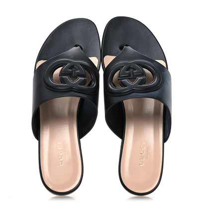 Gucci Sierra Calfskin Interlocking G Cut Out Thong Sandals 38 Black 2 of 8