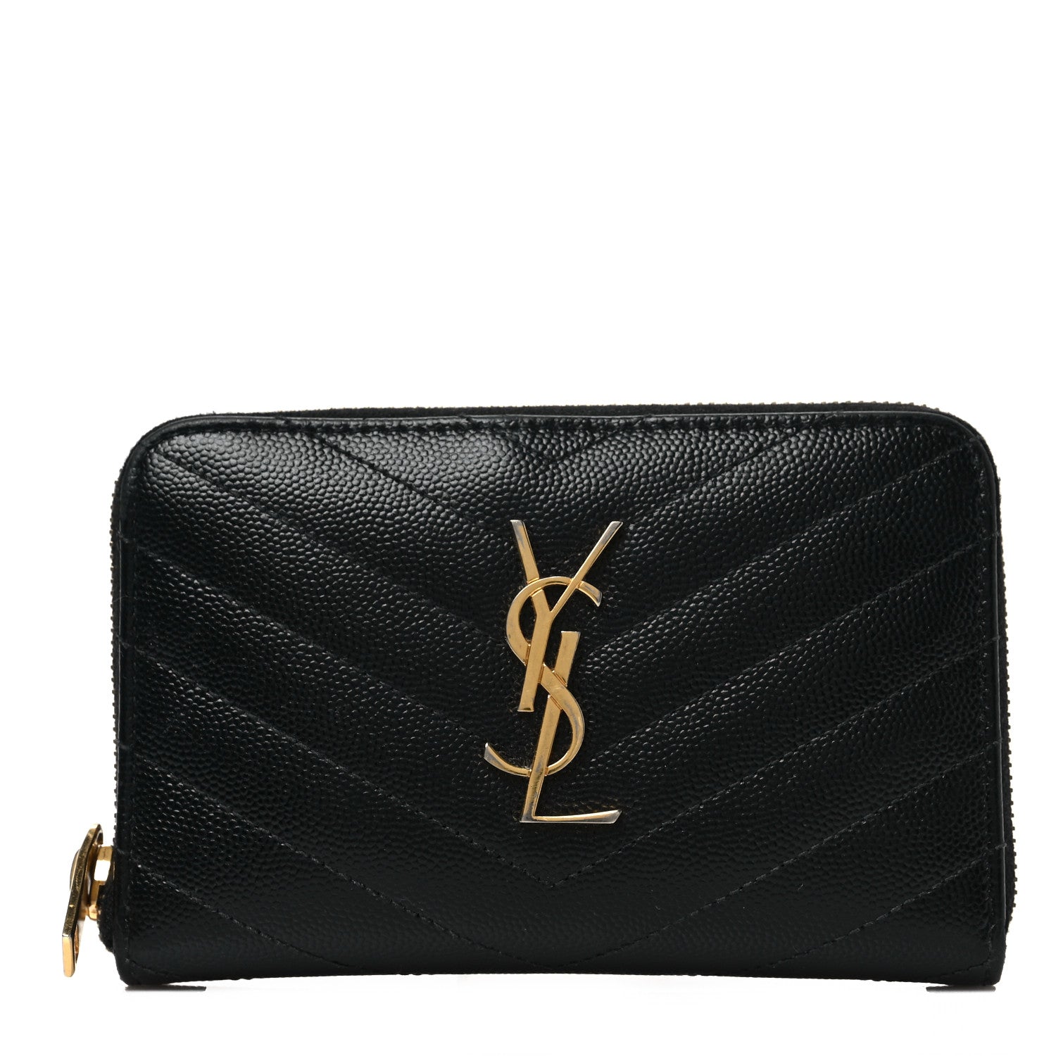 Saint Laurent Grain De Poudre Matelasse Chevron Monogram Small Zip Around Wallet Black 1 of 7