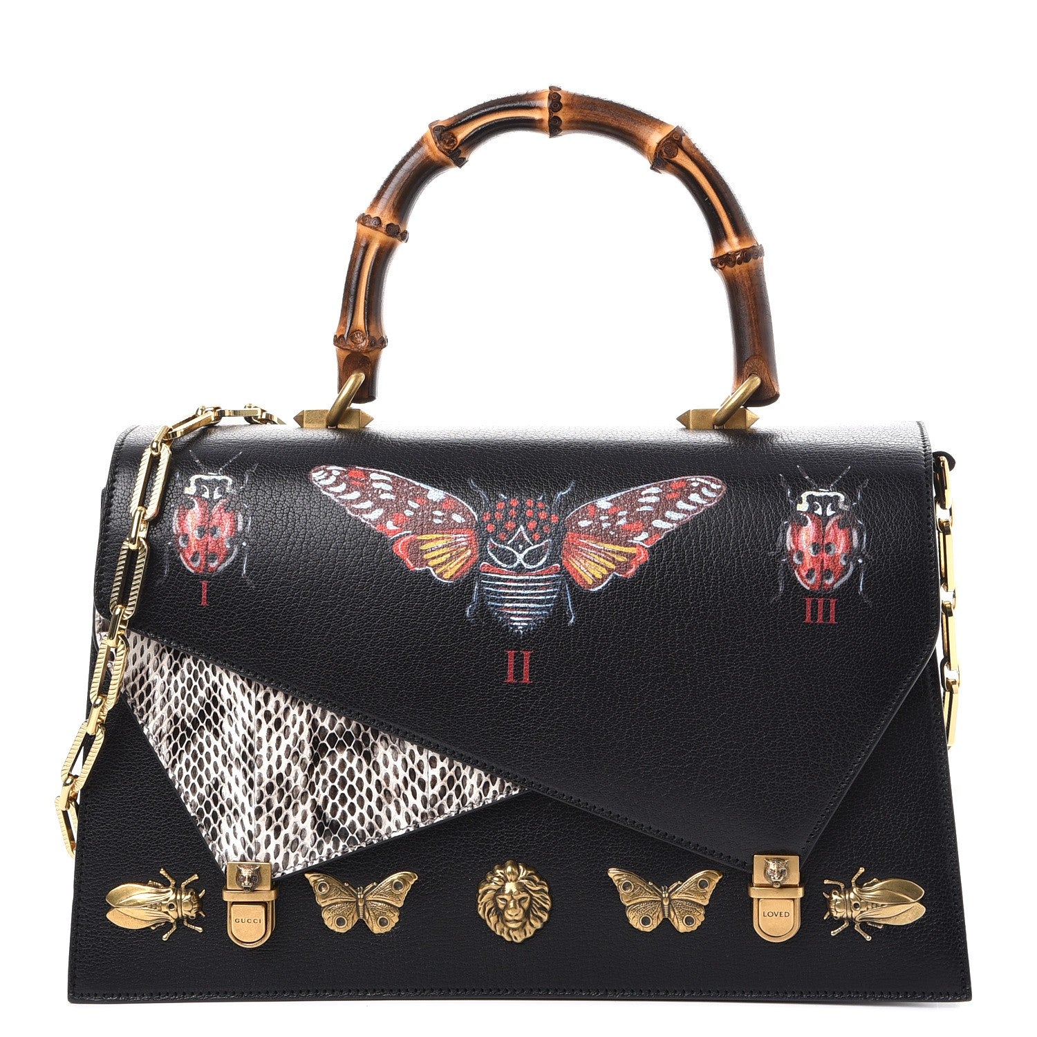 Gucci Calfskin Snakeskin Studded Medium Ottilia Top Handle Bag Black 1 of 8
