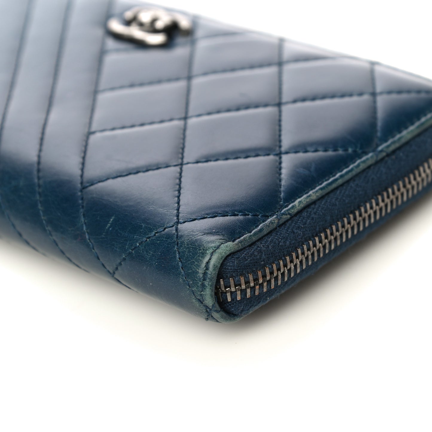 Glazed Calfskin Quilted Small Coco Boy Zip Around Wallet Blue