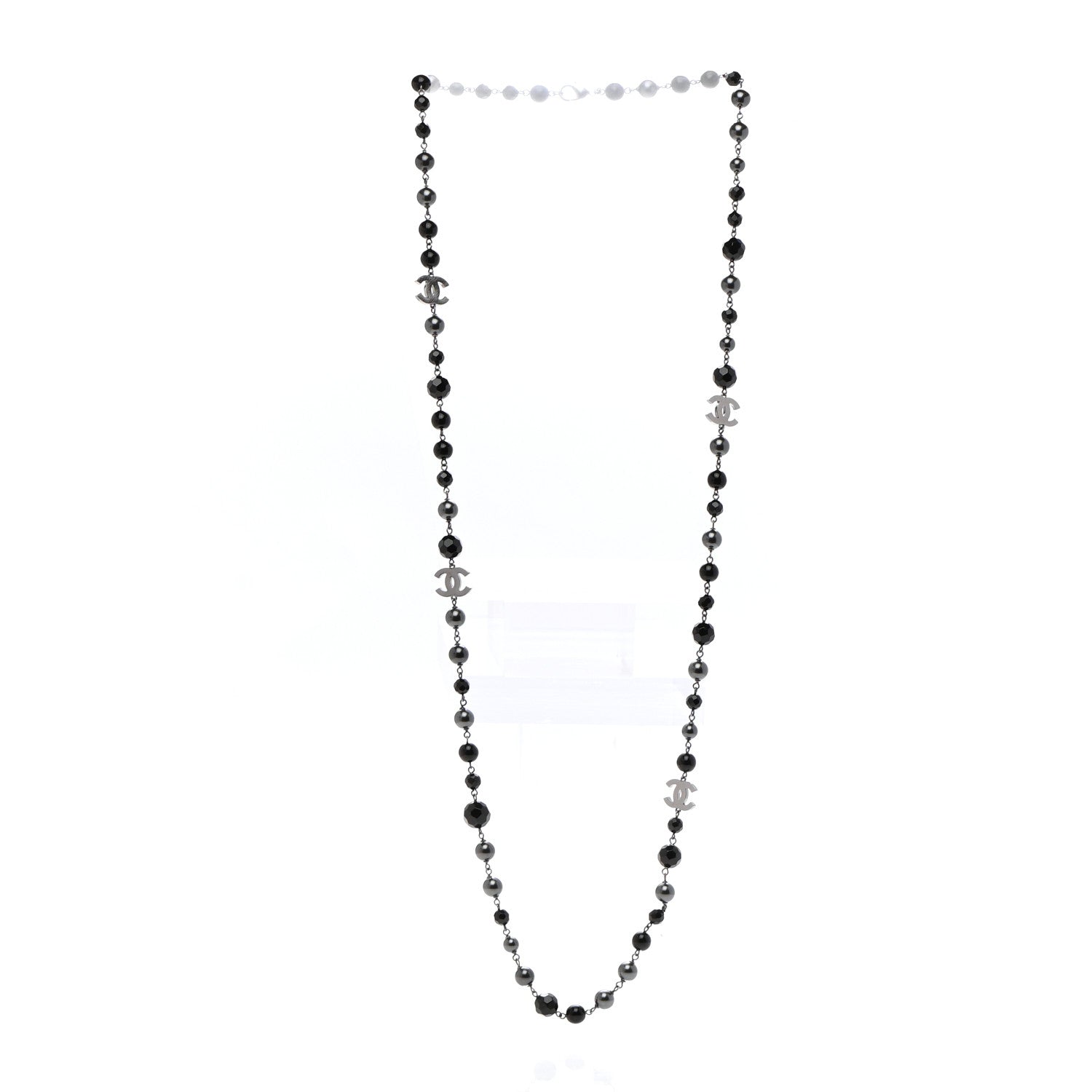 Chanel Pearl Bead Enamel CC Long Necklace Silver Black Grey 3 of 6