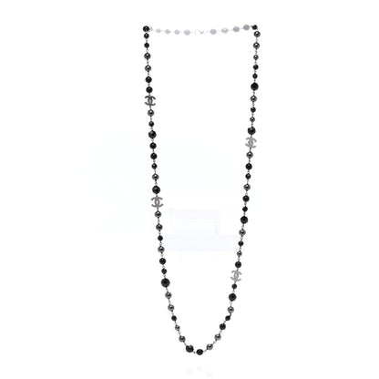 Chanel Pearl Bead Enamel CC Long Necklace Silver Black Grey 3 of 6