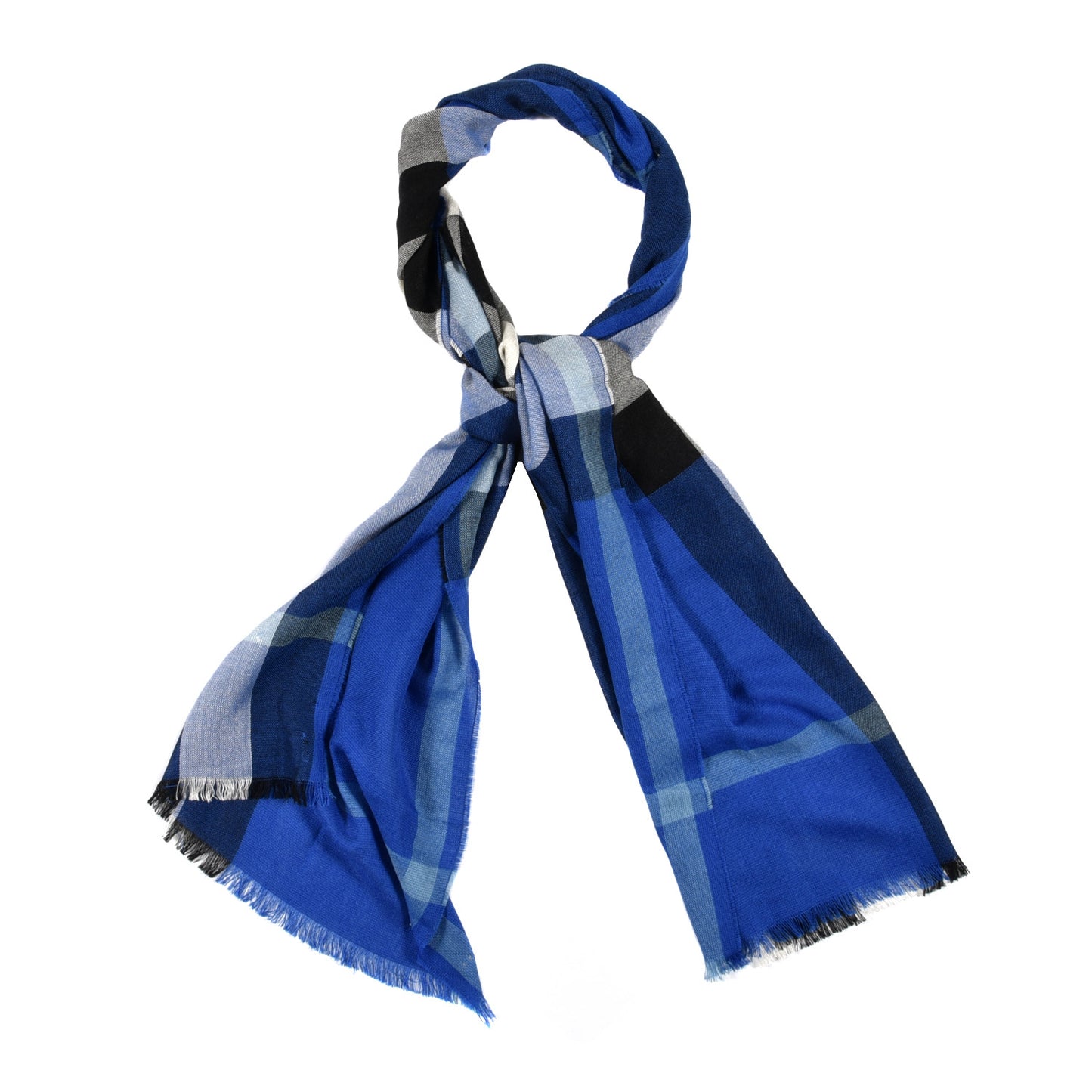 Silk Cashmere Half Mega Check Scarf Cobalt Blue