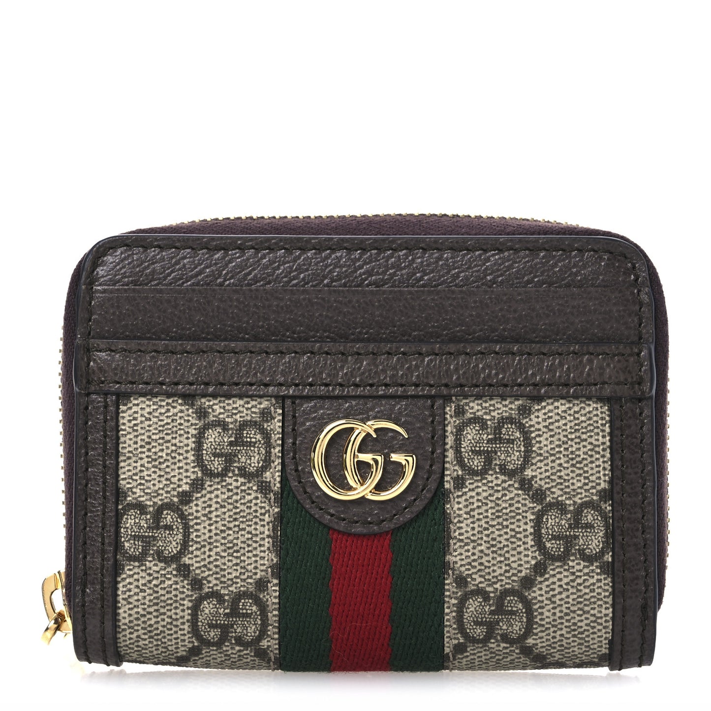 GG Supreme Monogram Textured Dollar Calfskin Web Ophidia Zip Around Card Case Wallet Beige Ebony New Acero