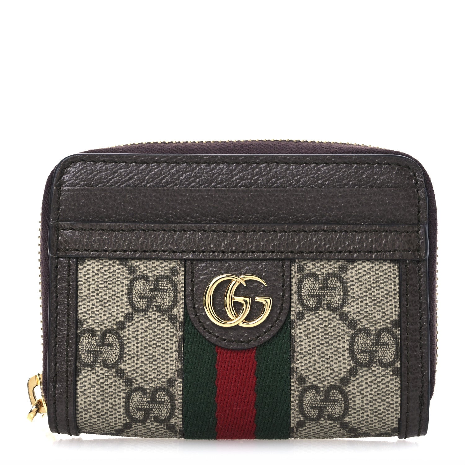 Gucci GG Supreme Monogram Textured Dollar Calfskin Web Ophidia Zip Around Card Case Wallet Beige Ebony New Acero 1 of 9