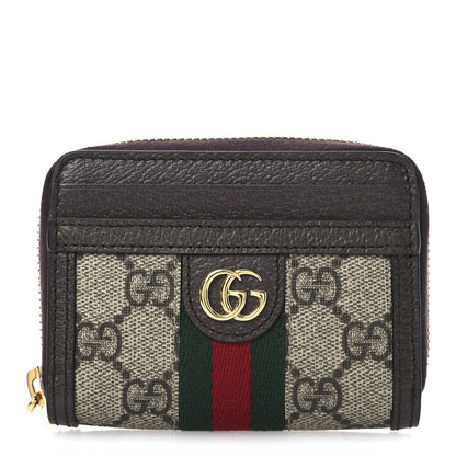 Gucci GG Supreme Monogram Textured Dollar Calfskin Web Ophidia Zip Around Card Case Wallet Beige Ebony New Acero 1 of 9