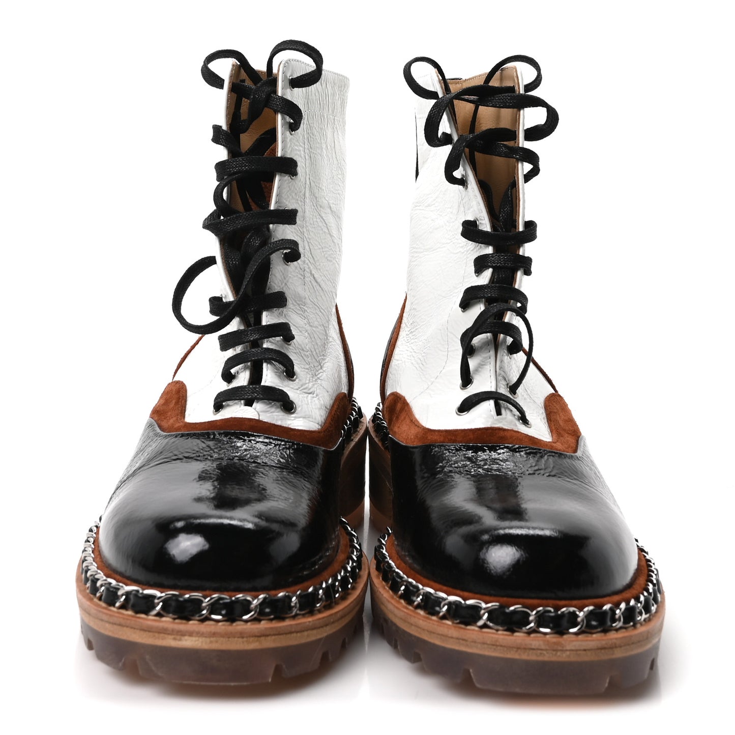 Patent Suede Lace Up Chain Boots 37 White Light Brown Black