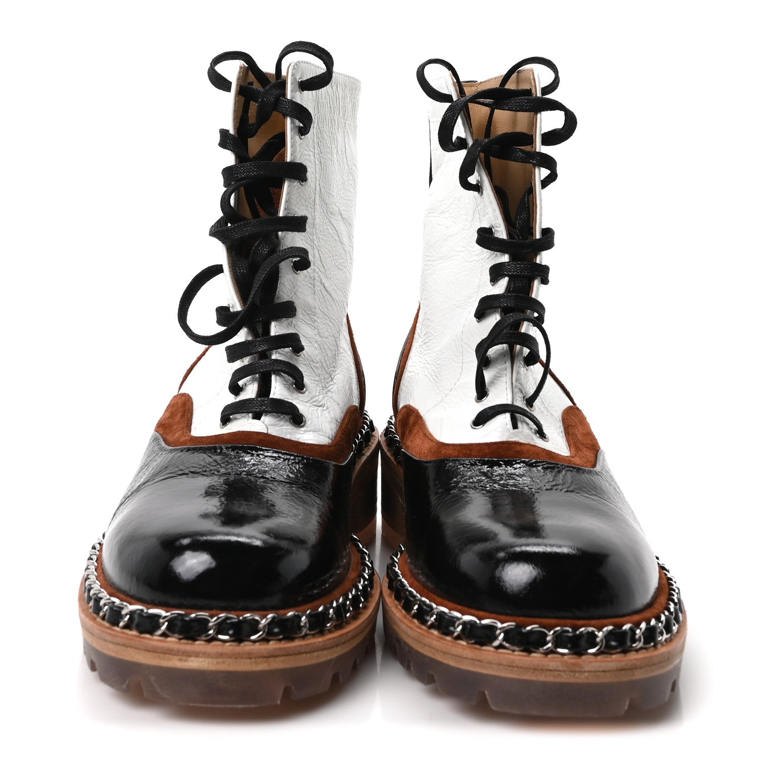 Chanel Patent Suede Lace Up Chain Boots 37 White Light Brown Black 3 of 9