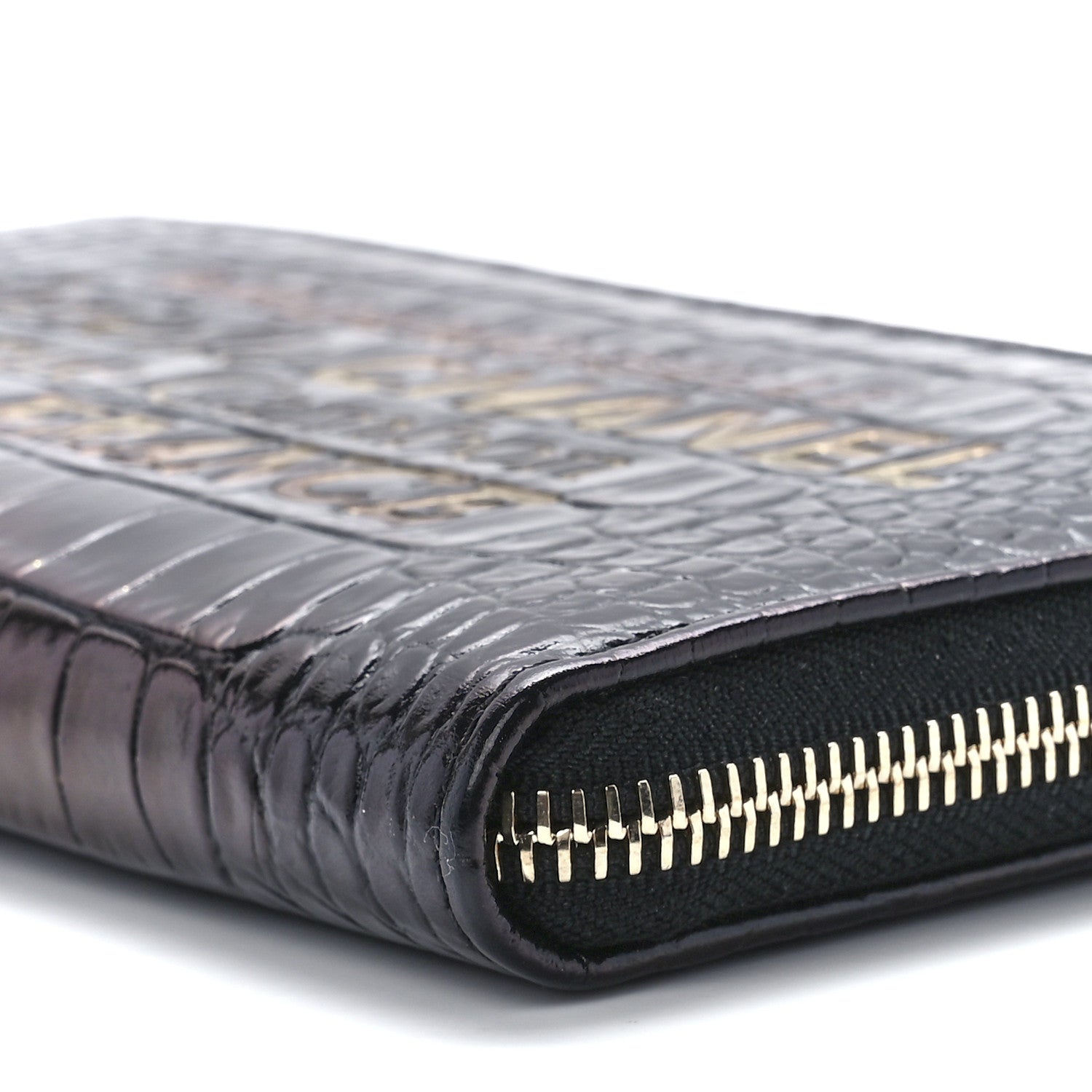 Chanel Calfskin Crocodile Embossed Mademoiselle Gabrielle Zip Wallet Black Gold 12 of 12