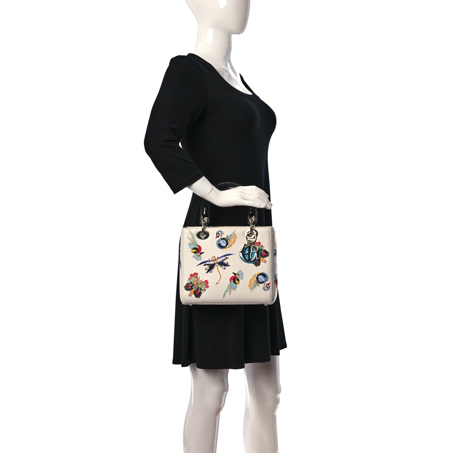 Smooth Calfskin Embroidered Medium Lady Dior White Multicolor