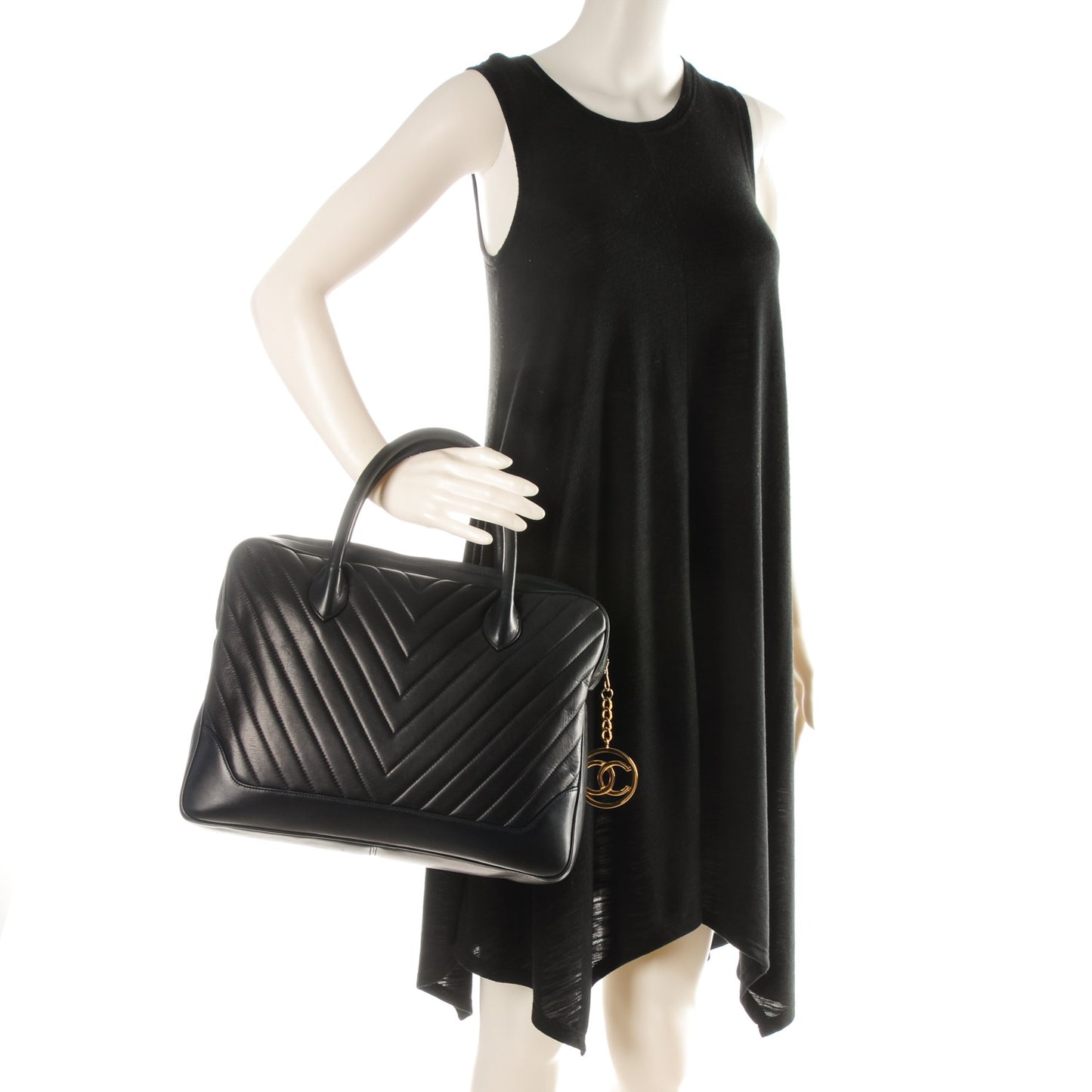 Lambskin Chevron Quilted Top Handle Bag Dark Navy